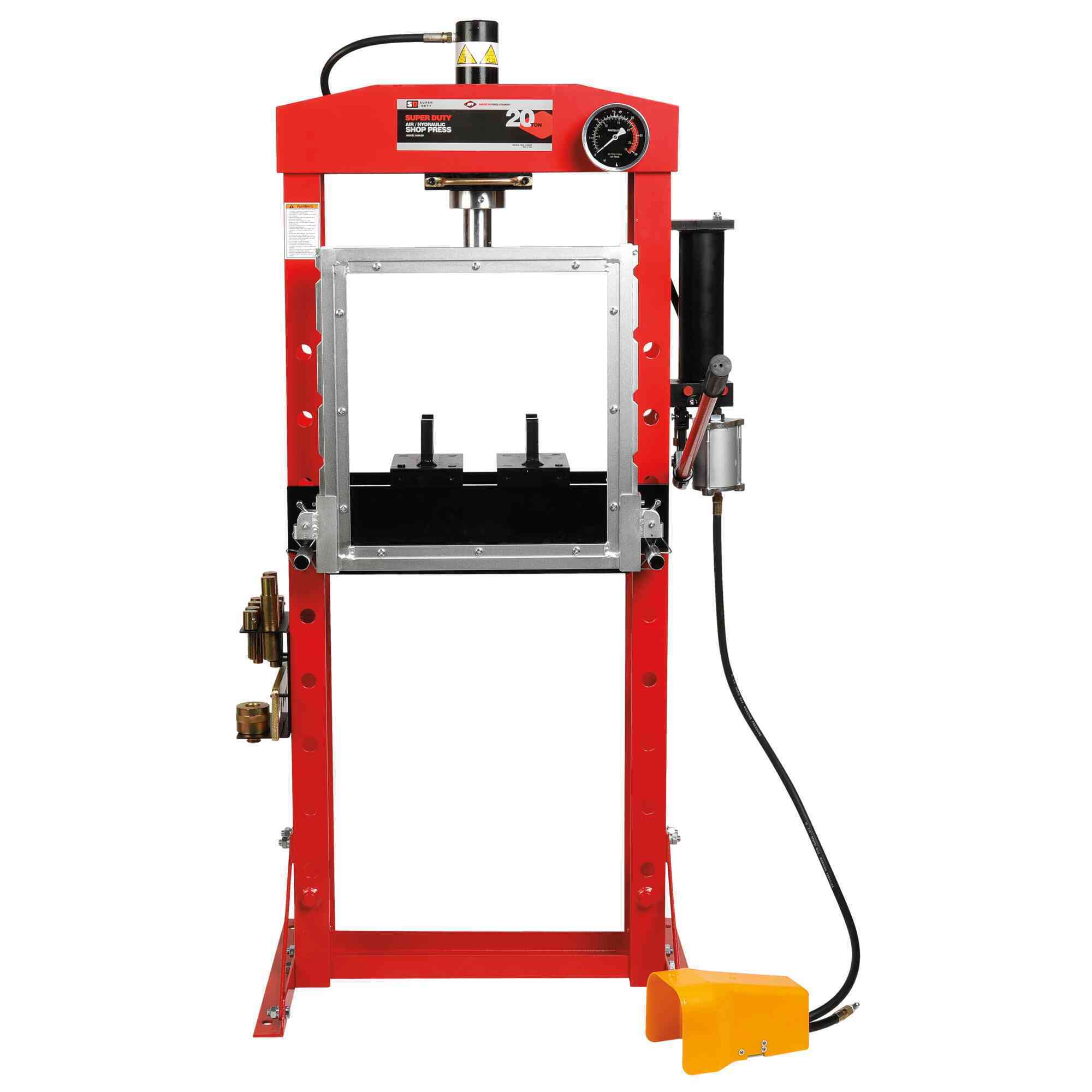 American Forge & Foundry - Shop Press - 20 Ton Capacity - Foot Operated Air Motor/Manual Pump W/ Hydraulic Ram - Built In Polycarbonate Press Guard - 10 pc  Pin & Bearing Press Adapter Set Included - SUPER DUTY   - Mod